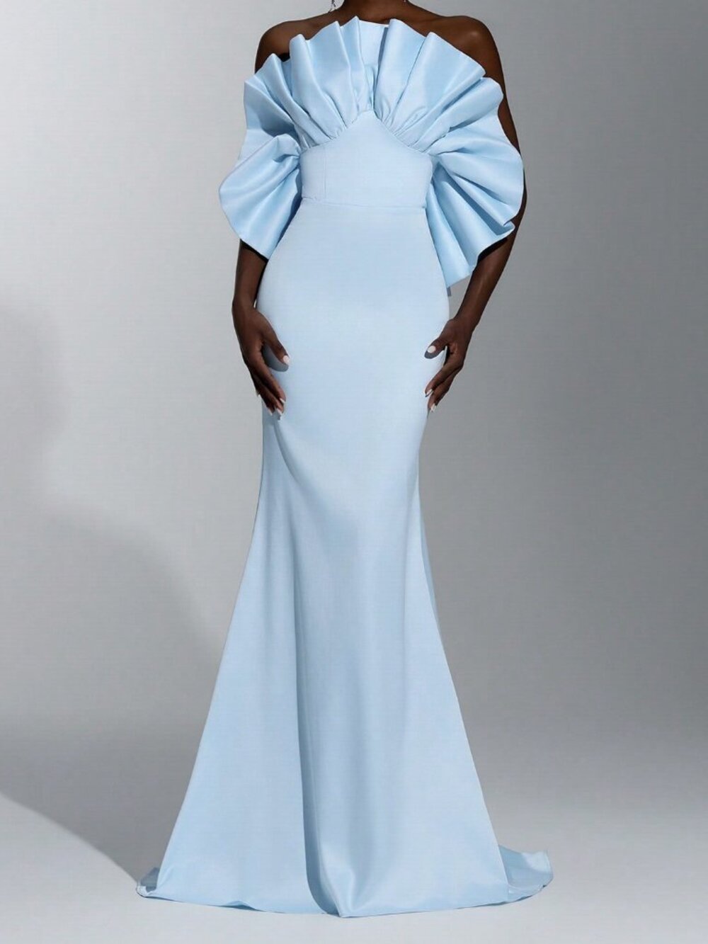 Baby Blue Elegant Women's Mermaid Evening Gown with Ruffle Off-Shoulder Train - Picture 5 of 7